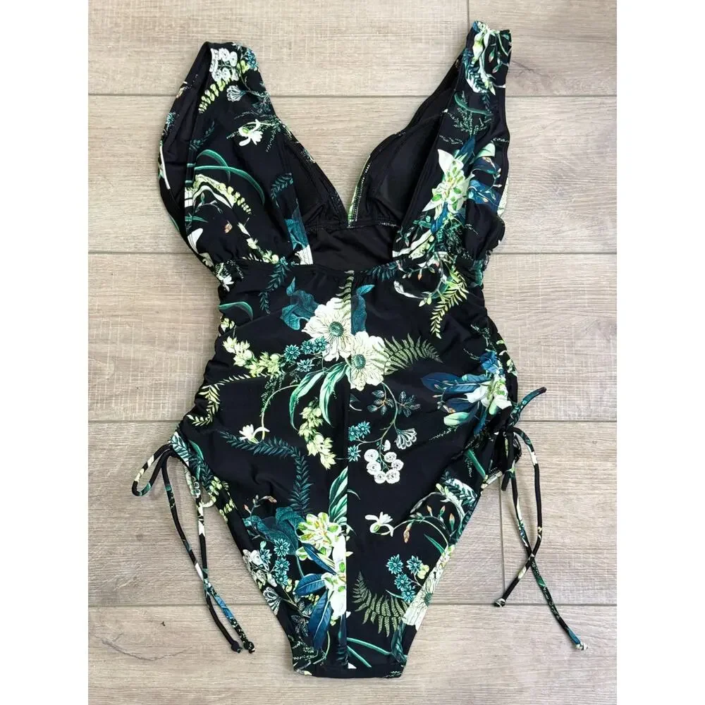 NWT SOMA BLACK TROPICAL TWIST BLACK FLORAL V-NECK FLORAL ONE PIECE SWIMSUIT 14